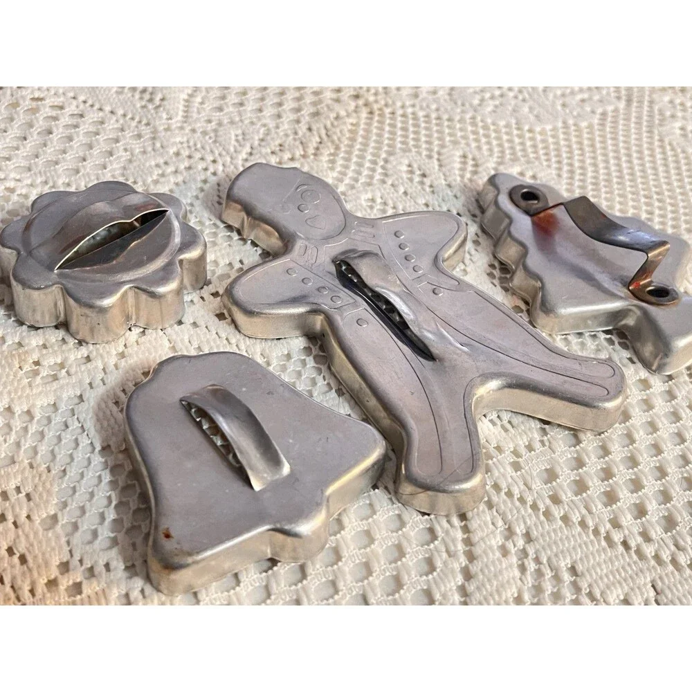 Vintage Aluminum Cookie Cutter Set 4 Gingerbread Tree Bell Flower Baking Mold